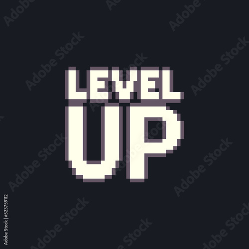 Black and white simple vector 1-bit pixel art illustration of lettering level up in the style of old arcade games