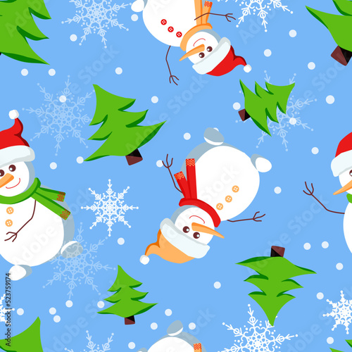 Winter seamless pattern with snowmans, snowflakes and trees.
