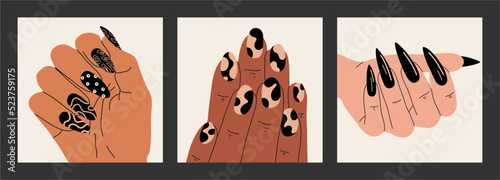 Woman's hand with well-groomed black manicure, modern design, poster set. Spa, nail treatment, beauty concept. Hand drawn modern vector illustration.