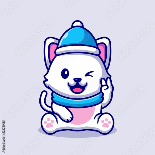 Cute Cat Wearing Hat And Scarf With Hand Peace Cartoon Vector Icon Illustration. Animal Winter Icon Concept Isolated Premium Vector. Flat Cartoon Style