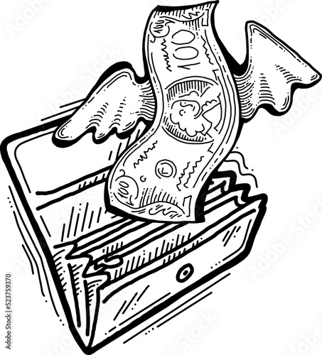 Money cash flying into and out of wallet. Income transfer, currency revenue, inflation and deflation, finance and business theme. Hand drawn vector illustration. Cartoon style line drawing.