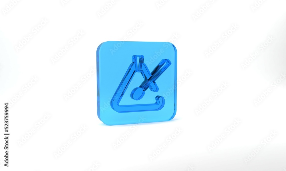 Blue Triangle musical instrument icon isolated on grey background. Glass square button. 3d illustration 3D render Blue Triangle musical instrument icon isolated on grey background. Glass square button. 3d illustration 3D render