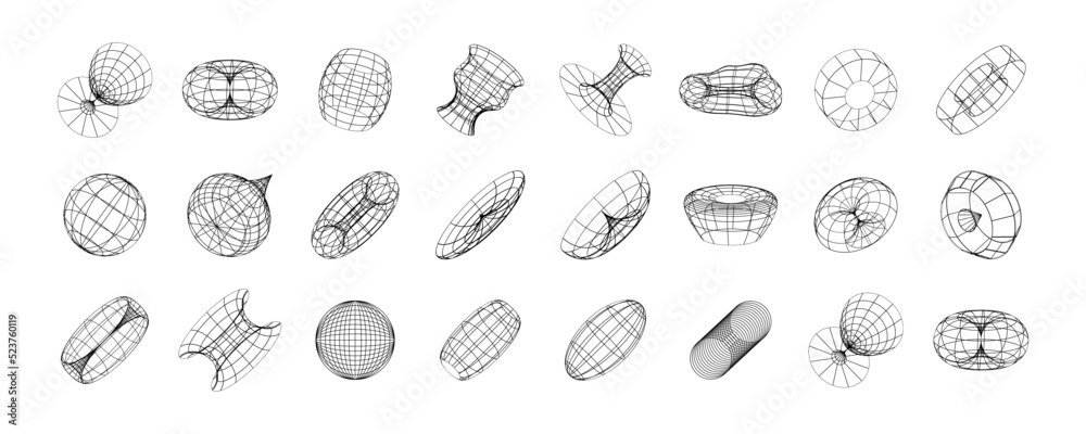 Set of abstract wireframe 80s style. Retro futuristic technology in grid line for graphic element. Collection of 3D mesh illustration design form Set of abstract wireframe 80s style. Retro futuristic technology in grid line for graphic element. Collection of 3D mesh illustration design form