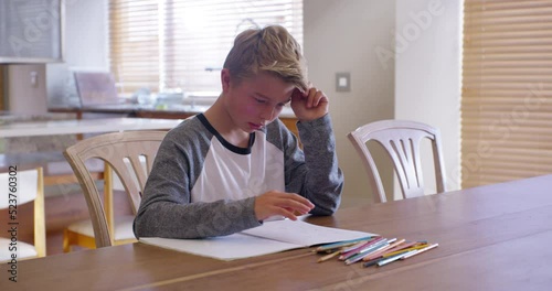 Unhappy, confused and frustrated boy while struggling with homework, learning and studying. ADHD, stress and dyslexia problems while child gets upset and anxious about education while writing at home photo