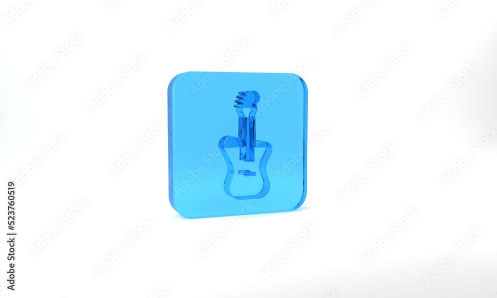 Blue Electric bass guitar icon isolated on grey background. Glass square button. 3d illustration 3D render Blue Electric bass guitar icon isolated on grey background. Glass square button. 3d illustration 3D render