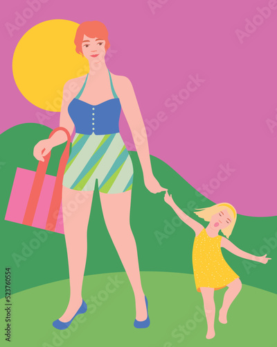 Young mother and strong-willed daughter walking home after day at the beach, holding hands. Positive parenting, secure attachment, happy childhood illustration.