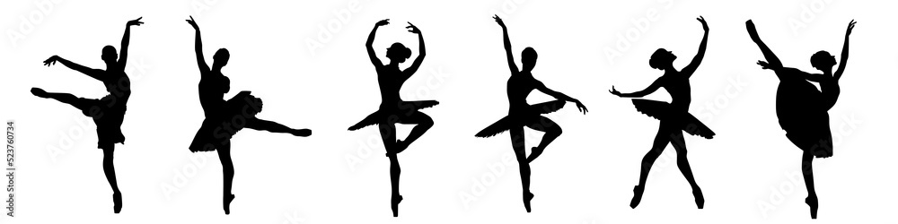 Collection of silhouette vector illustrations of ballerina dancing ballet isolated on white background. - obrazy, fototapety, plakaty 