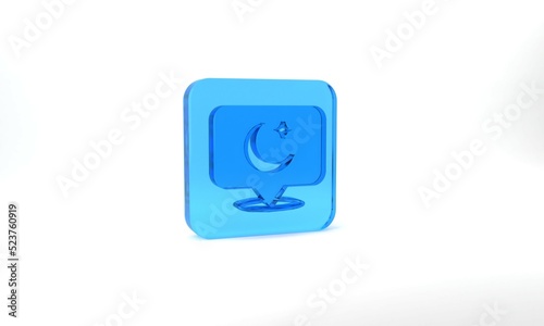 Blue Moon and stars icon isolated on grey background. Cloudy night sign. Sleep dreams symbol. Full moon. Night or bed time sign. Glass square button. 3d illustration 3D render © Iryna