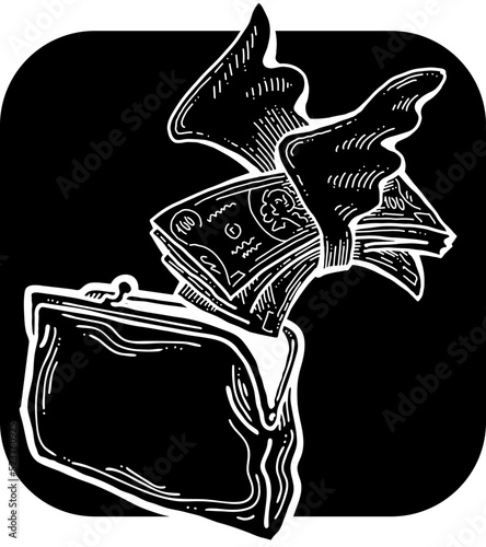 Money cash flying into out of wallet. Income transfer, currency revenue, inflation and deflation, finance and business theme. Hand drawing illustration. Cartoon chalkboard style line vector drawing.