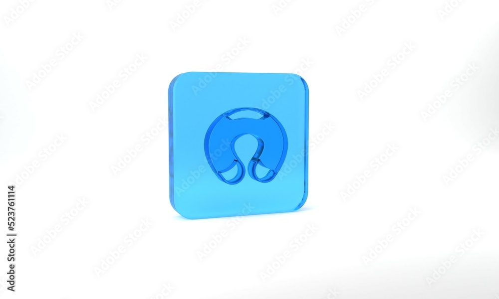 Blue Travel neck pillow icon isolated on grey background. Pillow U-shaped. Glass square button. 3d illustration 3D render Blue Travel neck pillow icon isolated on grey background. Pillow U-shaped. Glass square button. 3d illustration 3D render