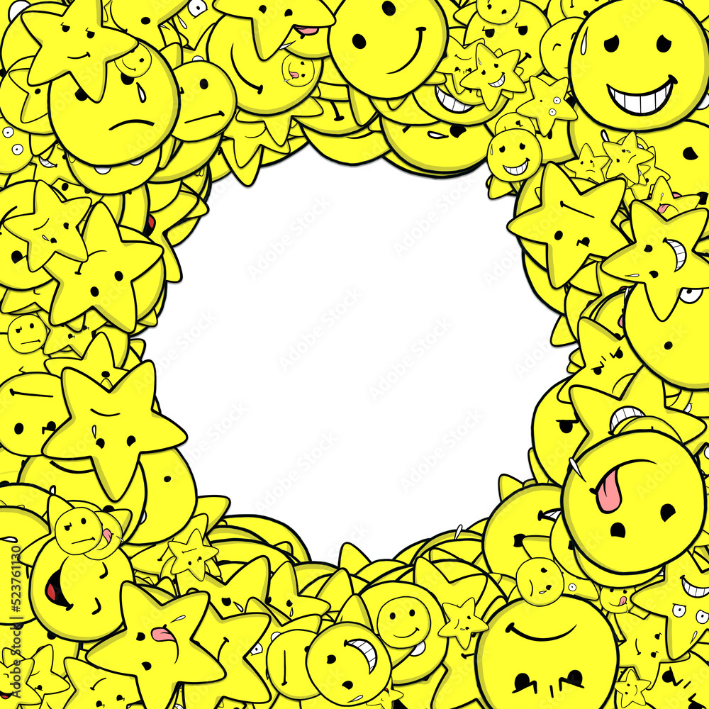 Viele gelbe Emojis als Rahmen um einen runten Kreis Viele gelbe Emojis als Rahmen um einen runten Kreis