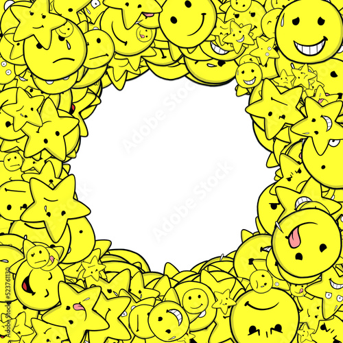 Viele gelbe Emojis als Rahmen um einen runten Kreis