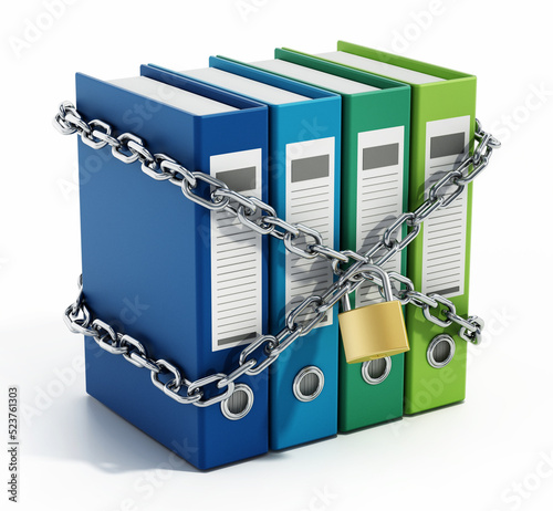 Group of folders wrapped with chains and padlock. 3D illustration