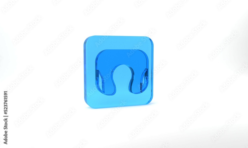 Blue Travel neck pillow icon isolated on grey background. Pillow U-shaped. Glass square button. 3d illustration 3D render Blue Travel neck pillow icon isolated on grey background. Pillow U-shaped. Glass square button. 3d illustration 3D render
