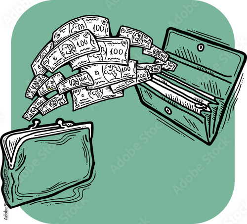 Money cash flying into and out of wallet. Income transfer, currency revenue, inflation and deflation, finance and business theme. Hand drawn vector illustration. Cartoon style line drawing.