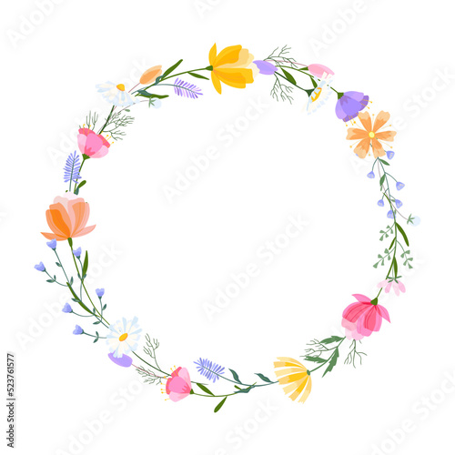 Vector floral wreath illustration. Set of leaves  wildflowers  twigs  floral arrangements. Beautiful compositions of field grass and bright spring flowers.