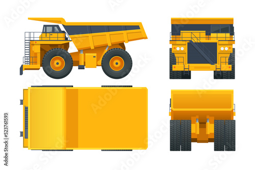 Large quarry dump truck template on white background. Equipment for the high-mining industry. View front, rear, side and top.