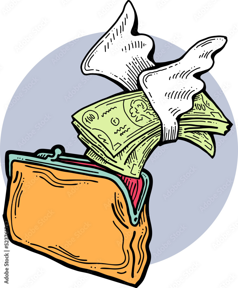 Money cash flying into and out of wallet. transfer, currency revenue, inflation and