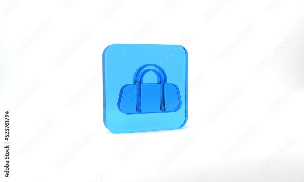 Blue Sport bag icon isolated on grey background. Glass square button. 3d illustration 3D render Blue Sport bag icon isolated on grey background. Glass square button. 3d illustration 3D render