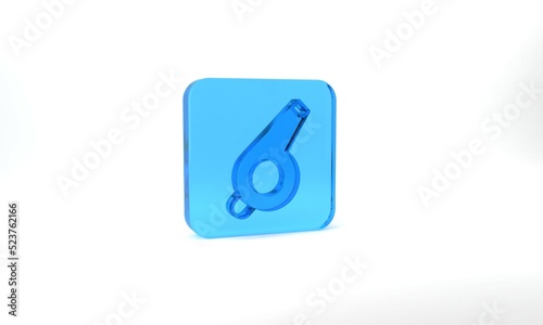 Blue Whistle icon isolated on grey background. Referee symbol. Fitness and sport sign. Glass square button. 3d illustration 3D render
