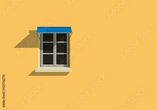 Fond de mur avec une fenêtre et un store sur une façade d’un immeuble peinte en jaune. photo