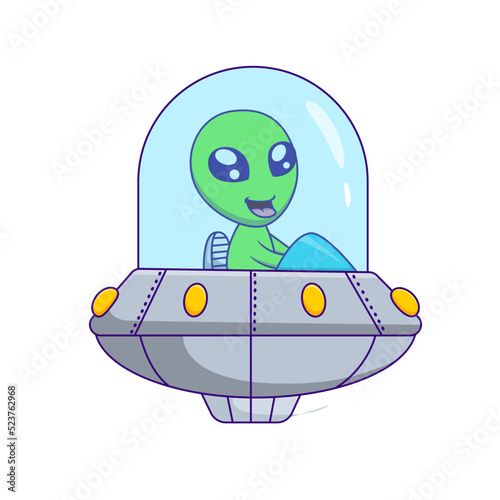 Cute alien cartoon riding a ufo. Vector illustration
