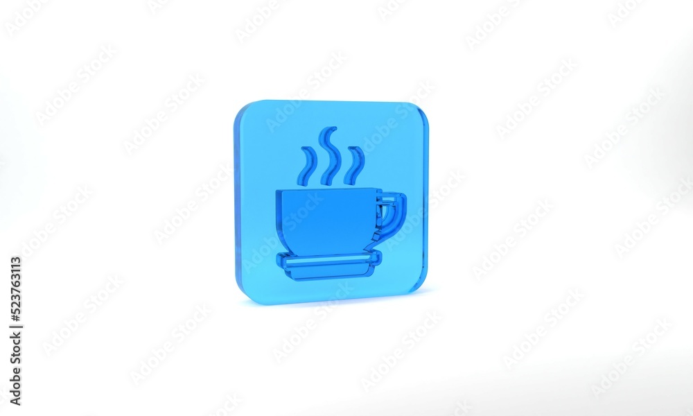Blue Coffee cup icon isolated on grey background. Tea cup. Hot drink coffee. Glass square button. 3d illustration 3D render Blue Coffee cup icon isolated on grey background. Tea cup. Hot drink coffee. Glass square button. 3d illustration 3D render
