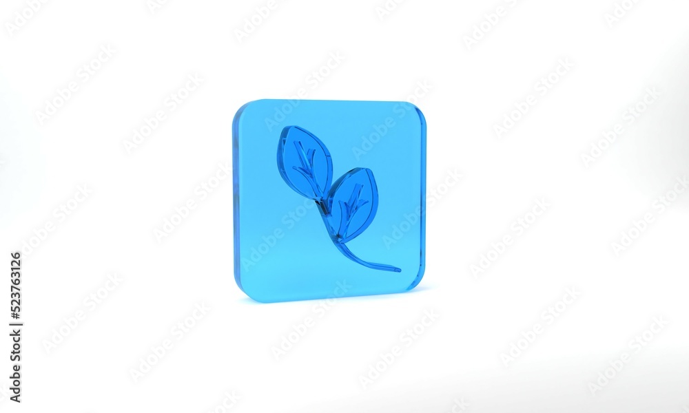 Blue Leaf icon isolated on grey background. Leaves sign. Fresh natural product symbol. Glass square button. 3d illustration 3D render Blue Leaf icon isolated on grey background. Leaves sign. Fresh natural product symbol. Glass square button. 3d illustration 3D render