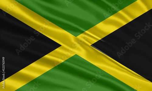 Jamaica flag design. Waving Jamaican flag made of satin or silk fabric. Vector Illustration.
