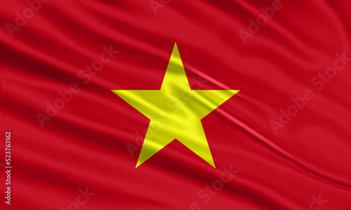 Vietnam flag design. Waving Vietnamese flag made of satin or silk fabric. Vector Illustration.