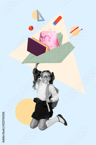 Vertical banner collage of school girl fly hold plane wear uniform isolated on painted blue color background © deagreez