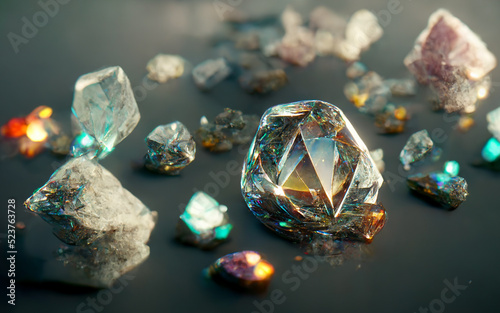 Natural gems or crystals with blurred background  3D illustrations or 3D rendered wallpaper images.