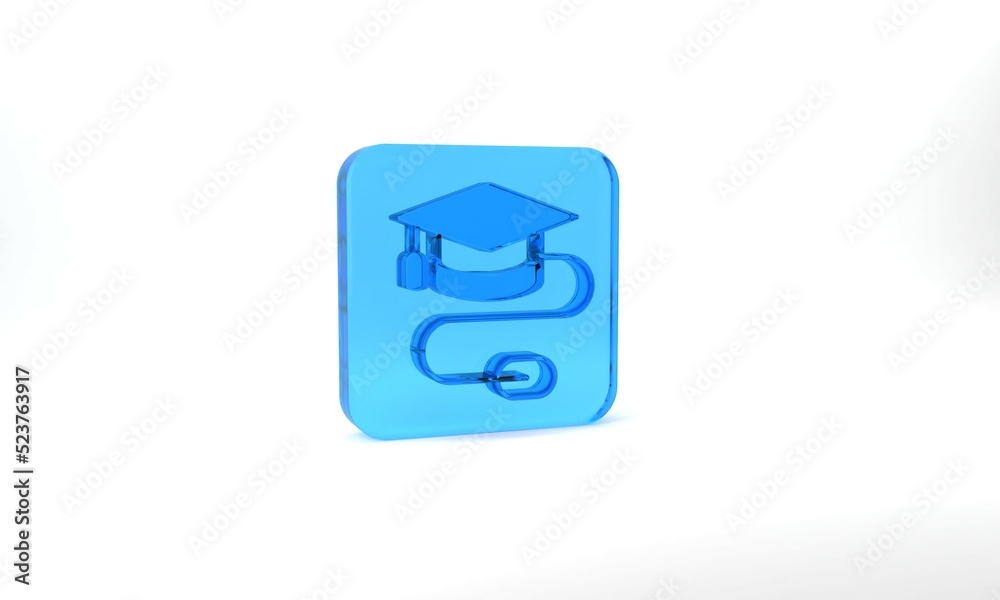 Blue Graduation cap with mouse icon isolated on grey background. World education symbol. Online learning or e-learning concept. Glass square button. 3d illustration 3D render Blue Graduation cap with mouse icon isolated on grey background. World education symbol. Online learning or e-learning concept. Glass square button. 3d illustration 3D render