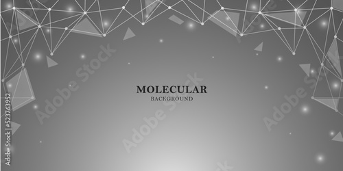 Geometric abstract background. Connected lines and dots, triangles on a gray background. Molecular structure and connection. Science, medicine, technology concept. Vector illustration.