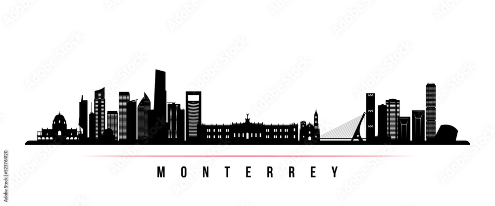 Monterrey skyline horizontal banner. Black and white silhouette of Monterrey, Uruguay. Vector template for your design.