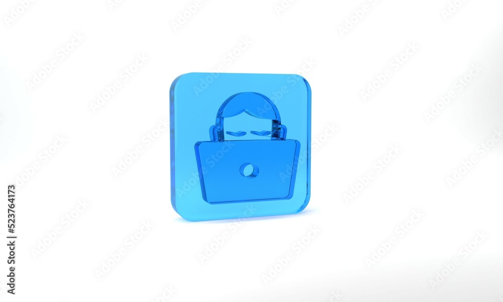 Blue Student working at laptop icon isolated on grey background. Workplace concept. Glass square button. 3d illustration 3D render Blue Student working at laptop icon isolated on grey background. Workplace concept. Glass square button. 3d illustration 3D render