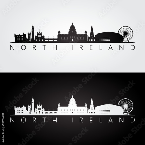 North Ireland skyline and landmarks silhouette, black and white design, vector illustration.