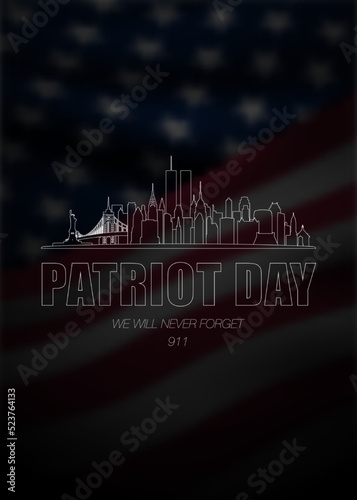 New York skyline on dark US flag background. NYC in line style. Twin Towers attack. Patriot Day vertical banner.
