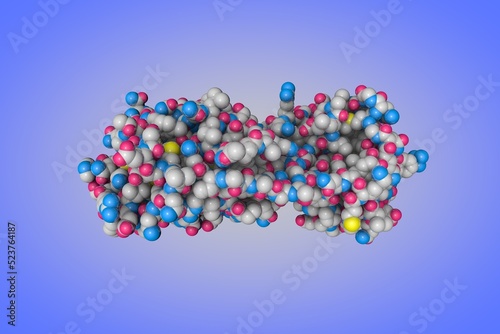 COVID-19 main protease in complex with an inhibitor N3. Space-filling molecular model on blue background. Rendering based on protein data bank. Scientific background. 3d illustration