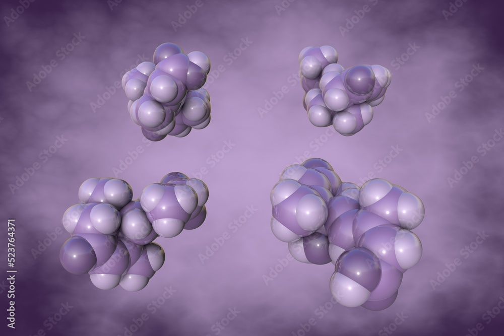 Fototapeta premium Space-filling molecular model of abscisc acid on very peri background. It is a plant hormone that functions in many developmental processes. Scientific background. 3d illustration