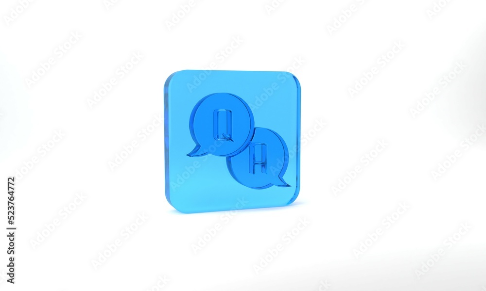 Blue Speech bubbles with Question and Answer icon isolated on grey background. Q and A symbol. FAQ sign. Chat speech bubble and chart. Glass square button. 3d illustration 3D render Blue Speech bubbles with Question and Answer icon isolated on grey background. Q and A symbol. FAQ sign. Chat speech bubble and chart. Glass square button. 3d illustration 3D render