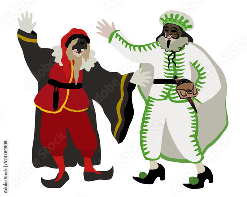 Vector isolated illustration of Pantalone and Brighella. Traditional masks of italian commedia dell arte. Theater concept.