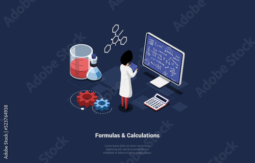 Chemical Research, Formulas And Calculations Concept. Character Laboratory Assistant Operates With Formulas, Controls Production On Chemical Production Line. Isometric Cartoon 3d Vector Illustration
