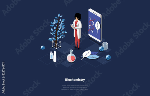 Biochemistry Research, Formulas And Calculations Concept. Character Laboratory Assistant Scientist Make Biochemistry And DNA Research. Molecular Engineering. Isometric Cartoon 3d Vector Illustration