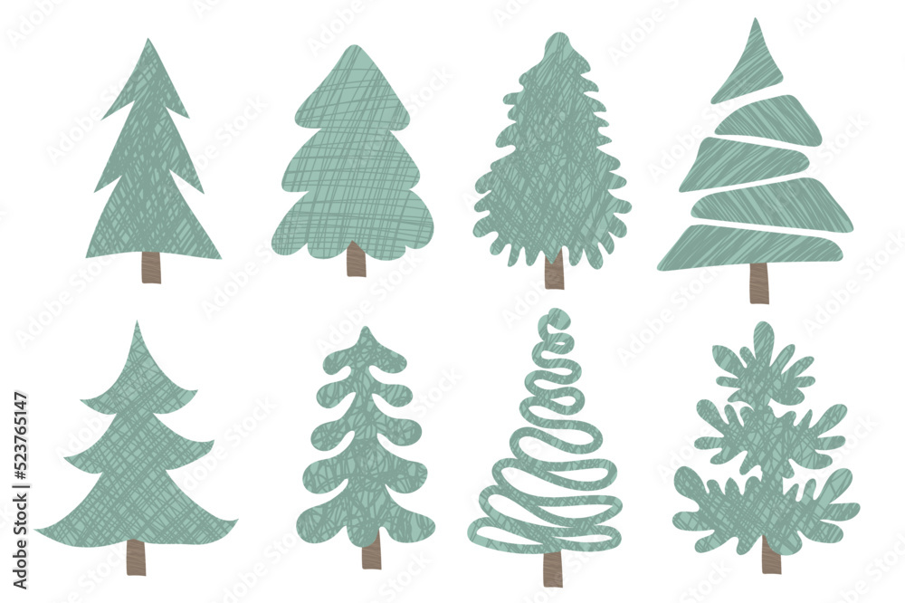 Collection of hand drawn christmas trees illustration. Set of christmas vector decorations