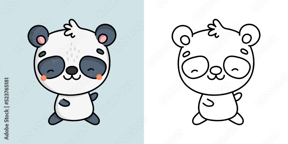 Cute Clipart Panda Illustration and For Coloring Page. Cartoon Clip Art