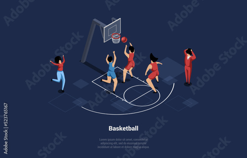 Concept Of Basketball Play And Sports Academy. Basketball Team Playing Match. Team Player Throwing Ball Into Basket. Referees and Fans are Watching the Game. Isometric Cartoon 3D Vector Illustration