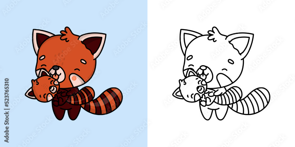 Red Panda Clipart for Coloring Page and Multicolored Illustration