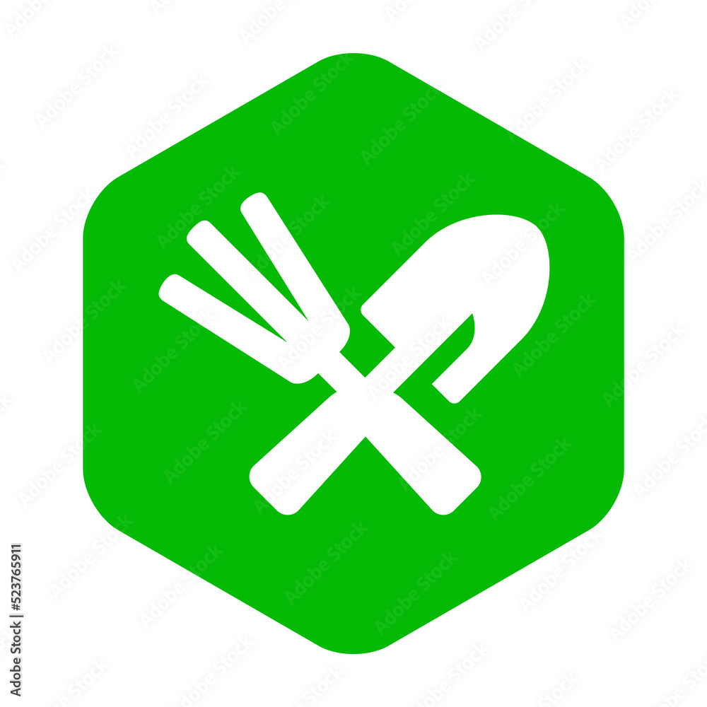 Obraz premium Icono herramientas de jardín. Conjunto de herramientas agrícolas para el jardín y la huerta: rastrillo y pala en aspa en hexágono color verde