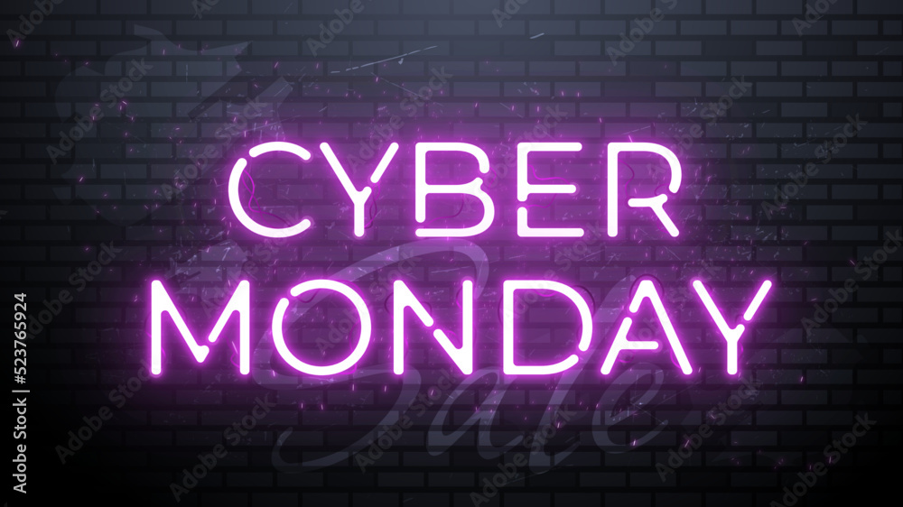 Neon Sign Cyber Monday Sale banner for social media stories sale, web page, mobile phone. template design special offer, glowing lettering sign for online discount promotion Neon Sign Cyber Monday Sale banner for social media stories sale, web page, mobile phone. template design special offer, glowing lettering sign for online discount promotion